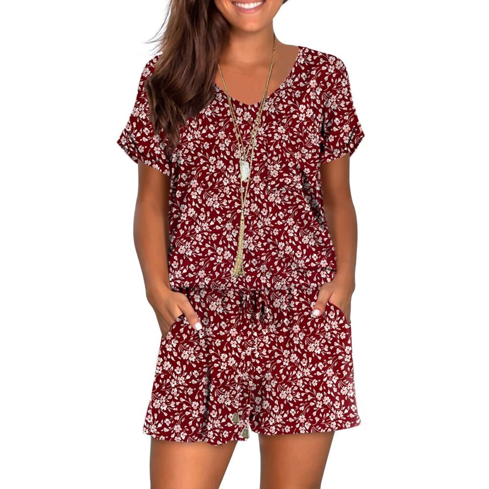 Summer Floral Casual Front Tie Short Beach Cute Rompers Jumpsuits with Pockets S